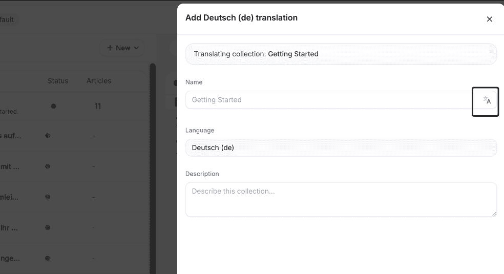 Add German collection translation dialog with the AI translate button beside the name field