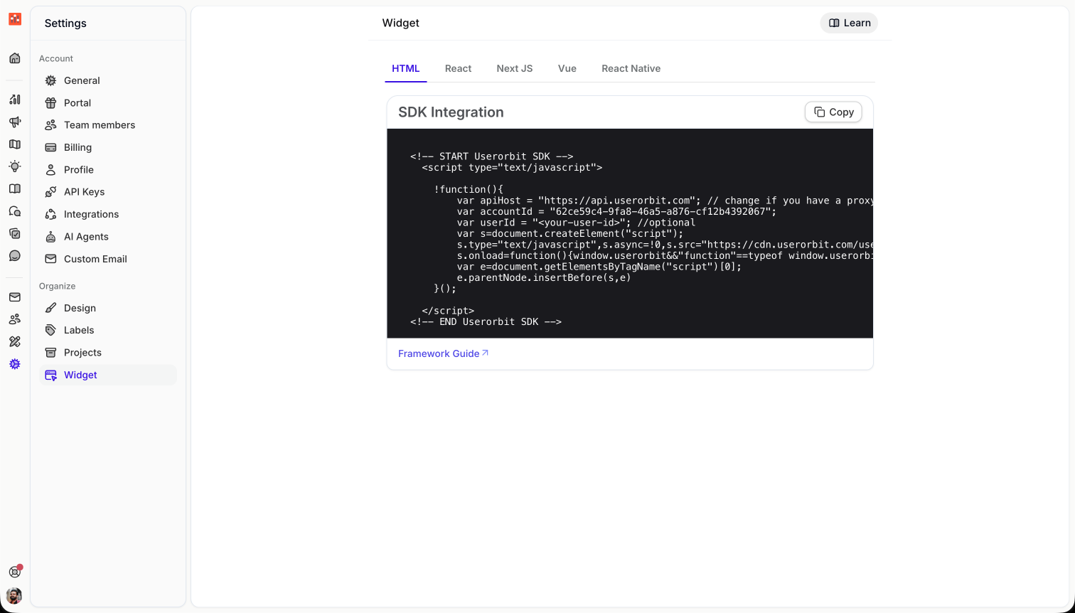 Userorbit Settings Widget page with HTML snippet