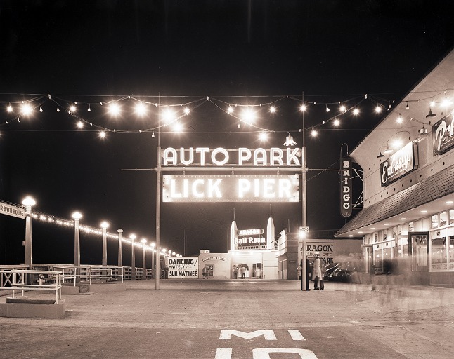 Auto Park & Aragon Ballroom at Lick Pier Lit Up at Night