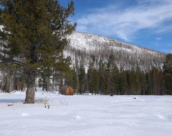 A drone view of the meadow covered in snow where the California Department of Water Resources conducted the first media snow survey of the 2026 season at Phillips Station in the Sierra Nevada. 