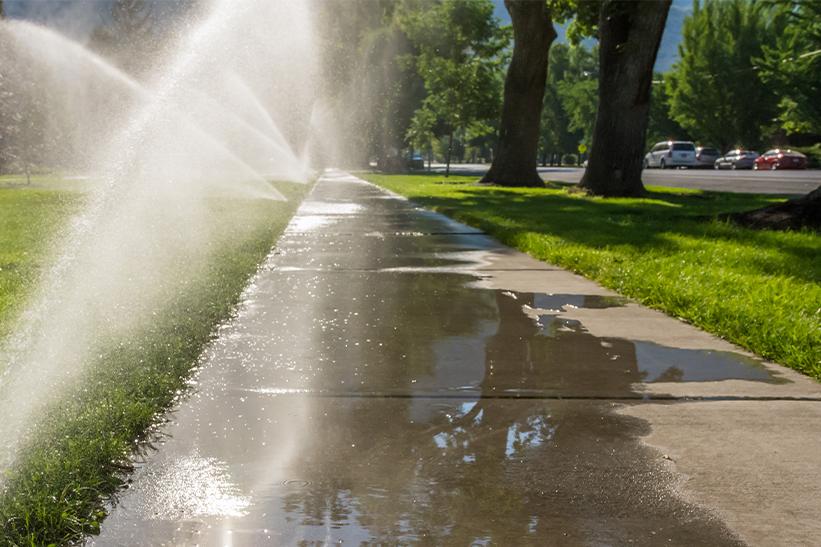 Sprinklers watering a sidewalk