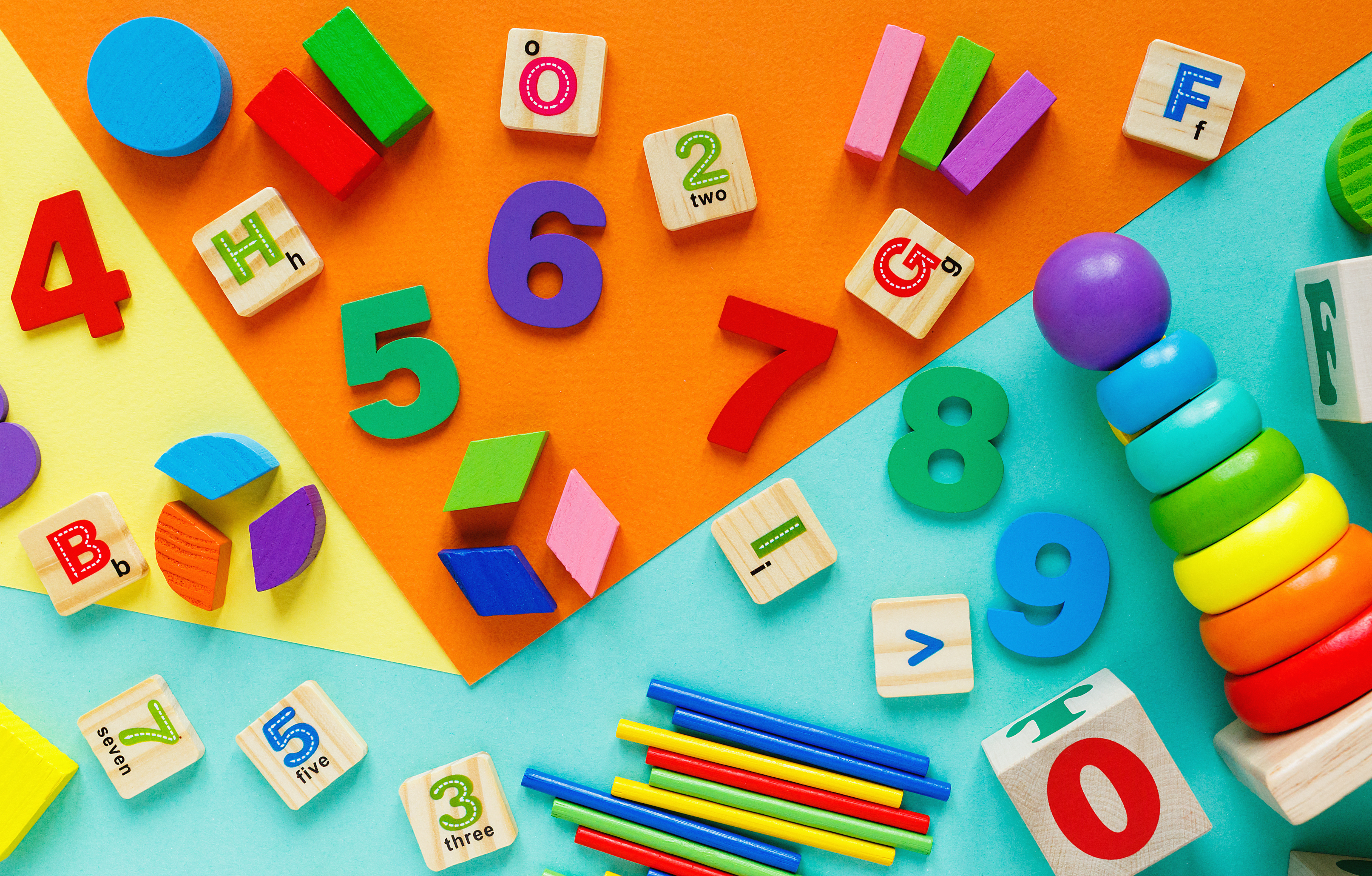 Colorful letters, numbers, blocks, toys