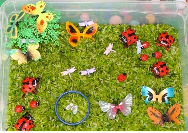 A plastic tub filled with green rice, decorated with toy ladybugs, butterflies, and dragonflies.