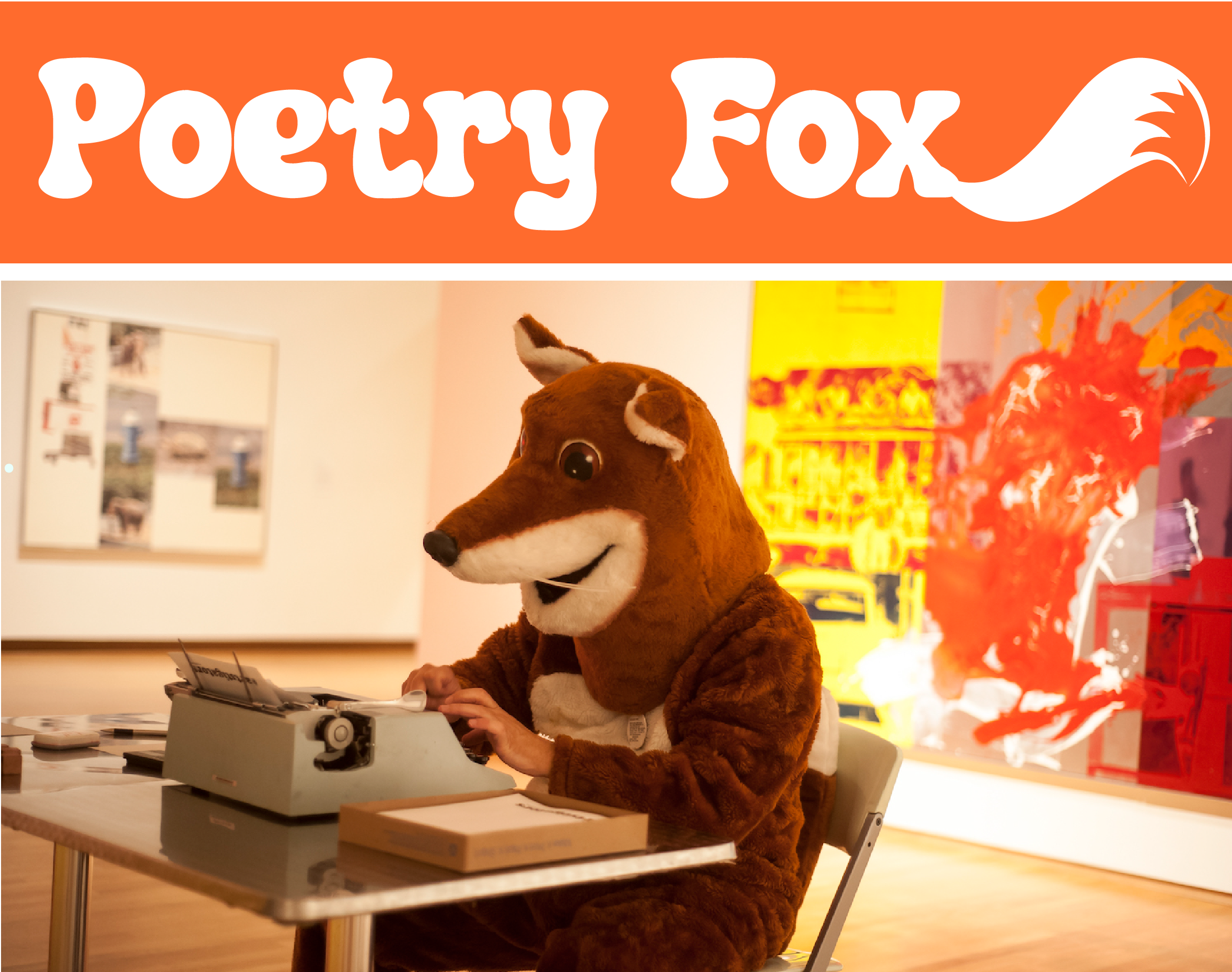 Image of a man dressed in a fox costume typing on a typewriter