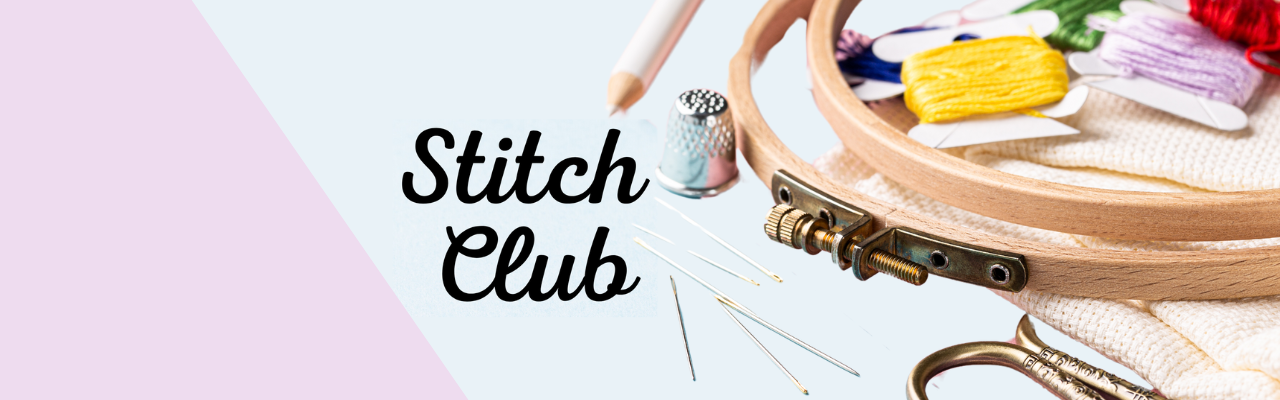 Title is Stitch Club with a picture of embroidery hoop and needles