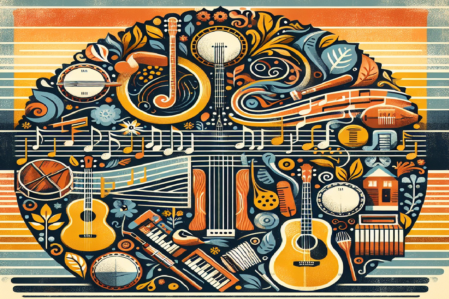 variety of musical instruments inside a floral circle