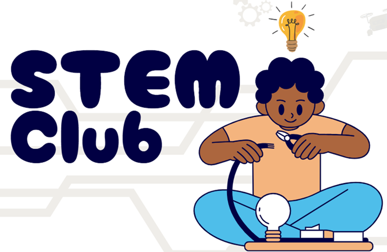 STEM Club title with child playing with electric lightbulb experiment