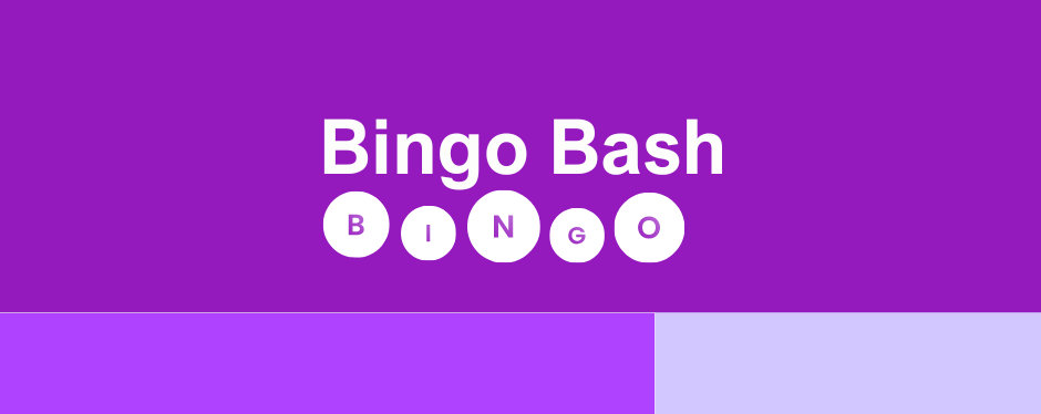 bingo bash, white bingo balls spelling Bingo, purple rectangles