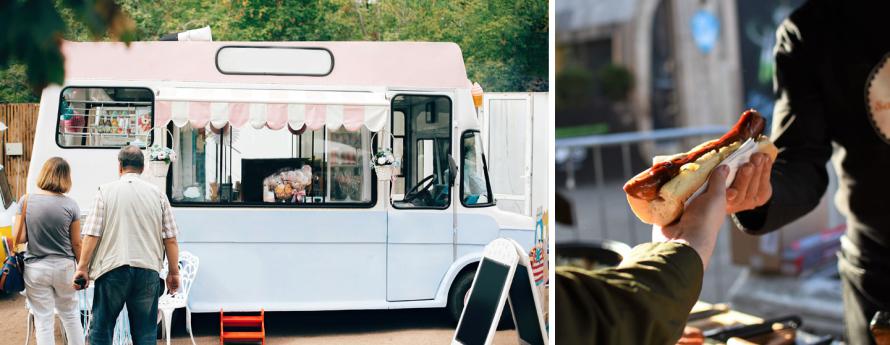 people at a food truck and person receives a hot dog