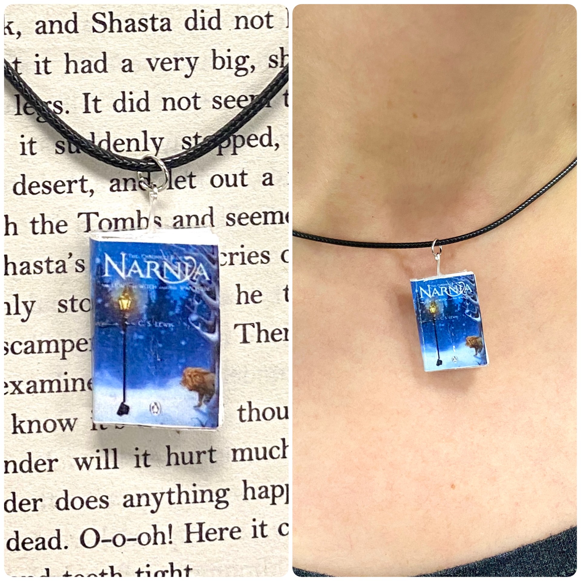 A miniature copy of The Chronicles of Narnia on a leather cord necklace