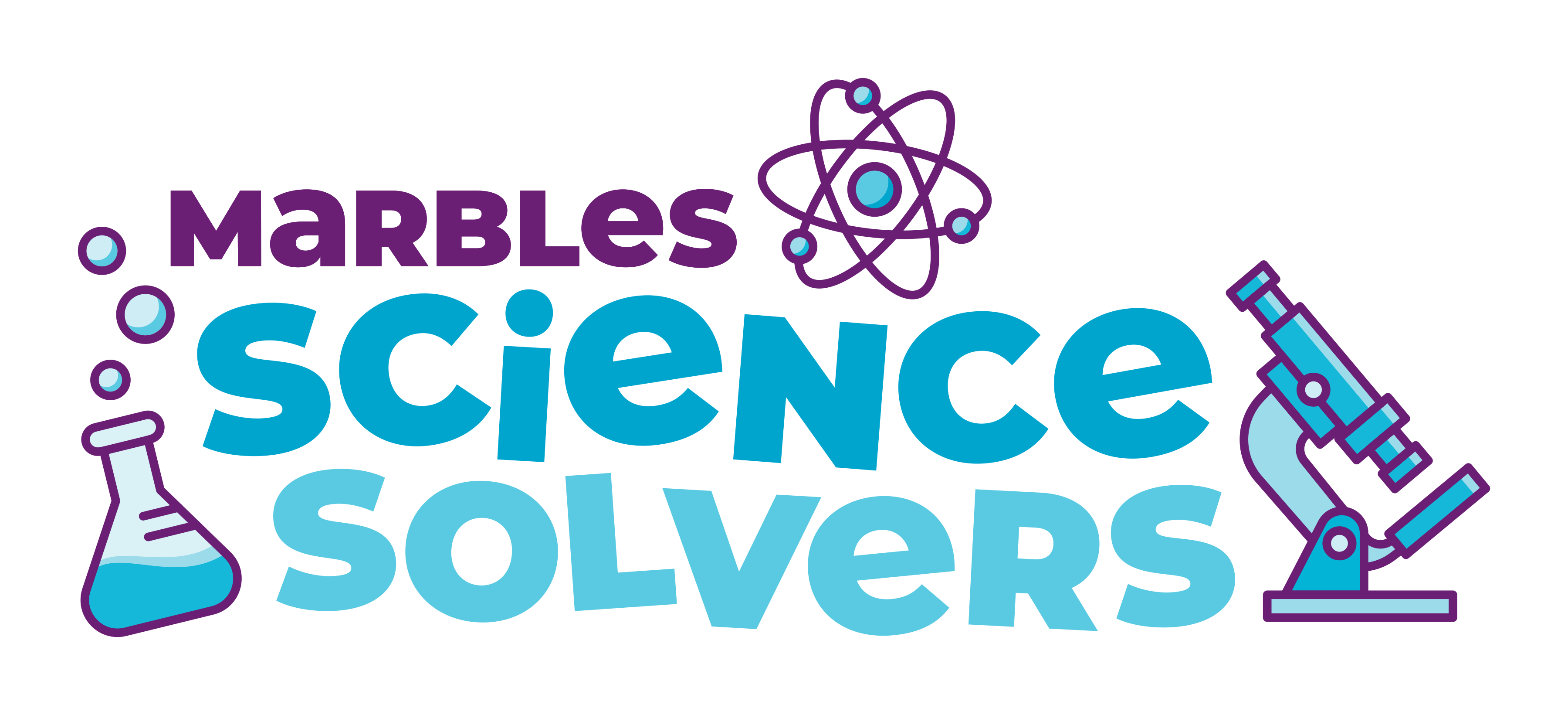 purple and blue text reading marbles science solvers
