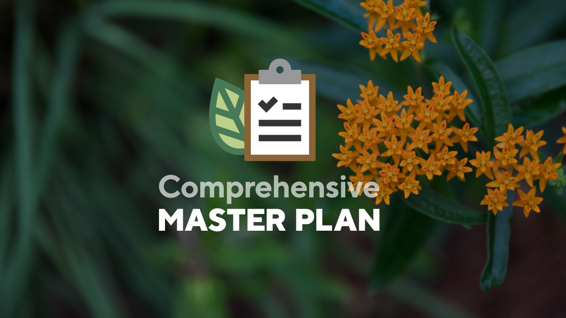 Image of grass and small flowers with text "Comprehensive Master Plan" and illustrations of a leaf and a clipboard with a checklist