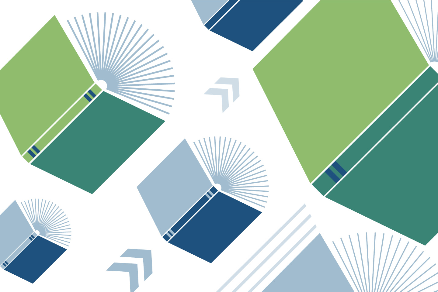 Image depicts diagonal rows of open books in a variety of blue and green colors. 