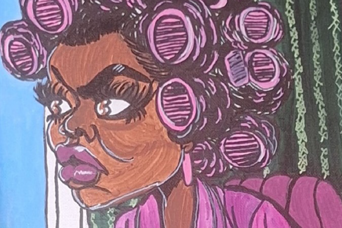 Artwork: Woman in pink robe and pink curlers looking out the window.