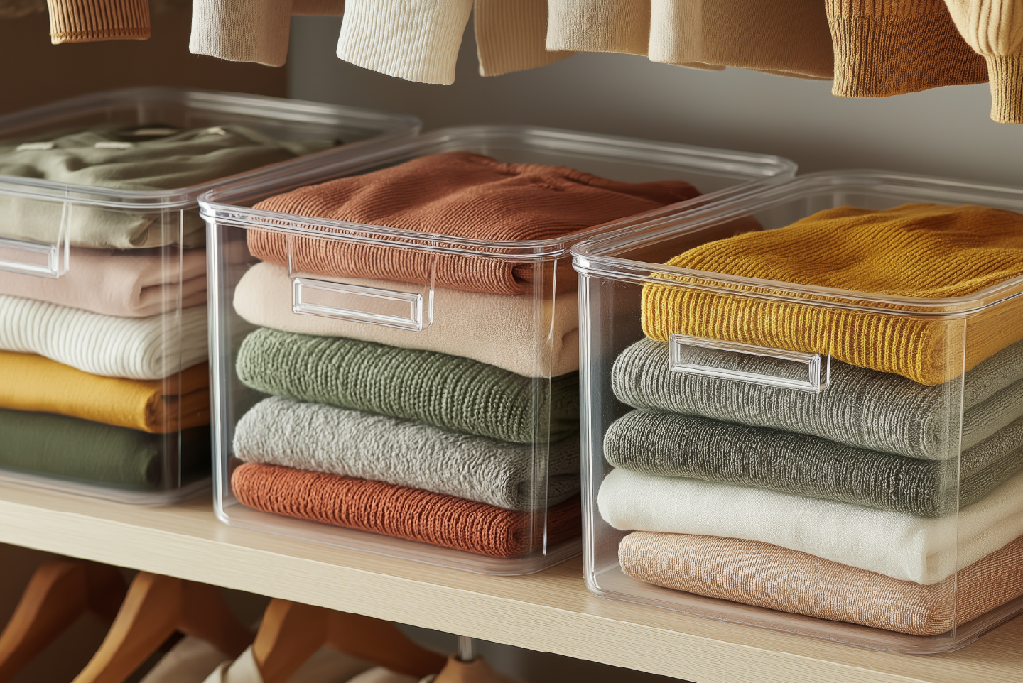 stacks of sweaters in clear, open topped bins