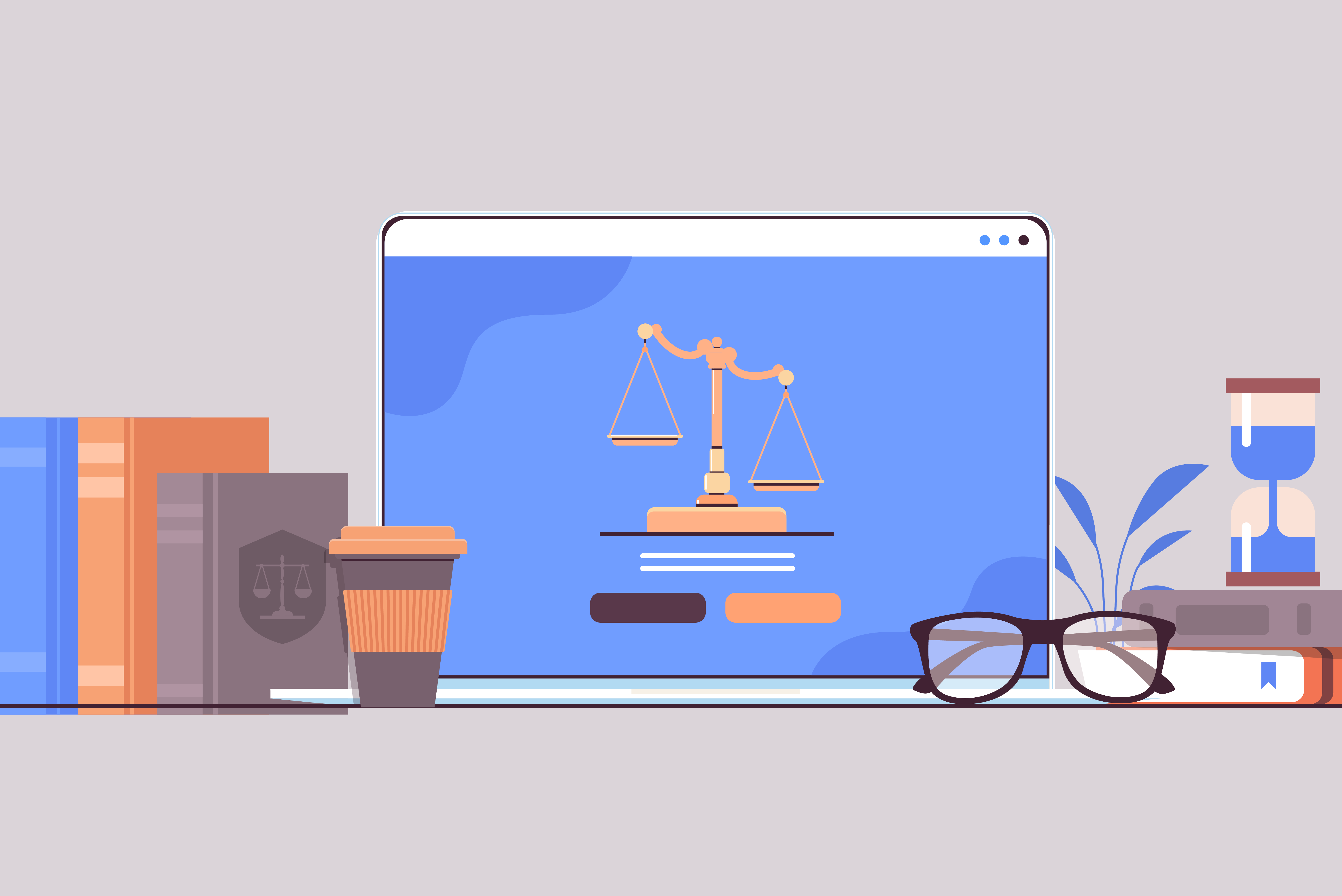 Books, coffee cup, and glasses surround a computer with a blue screen featuring the scales of justice.