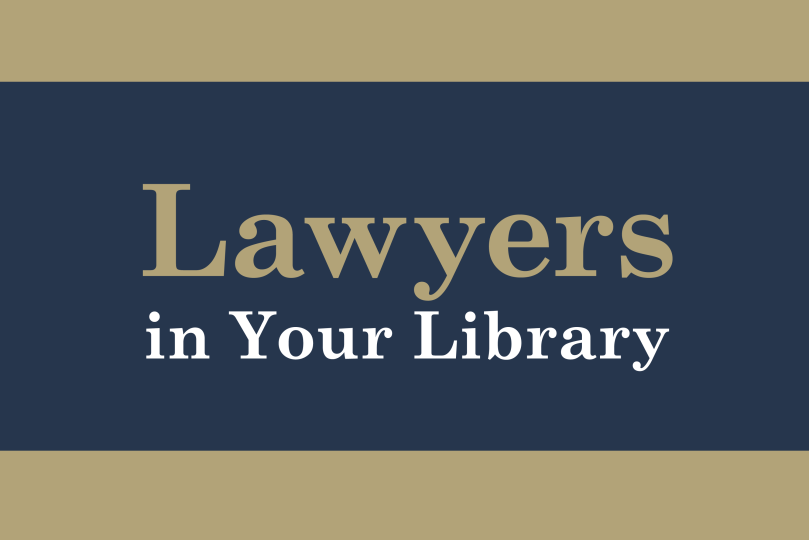 Text: lawyers in your library on a navy background.