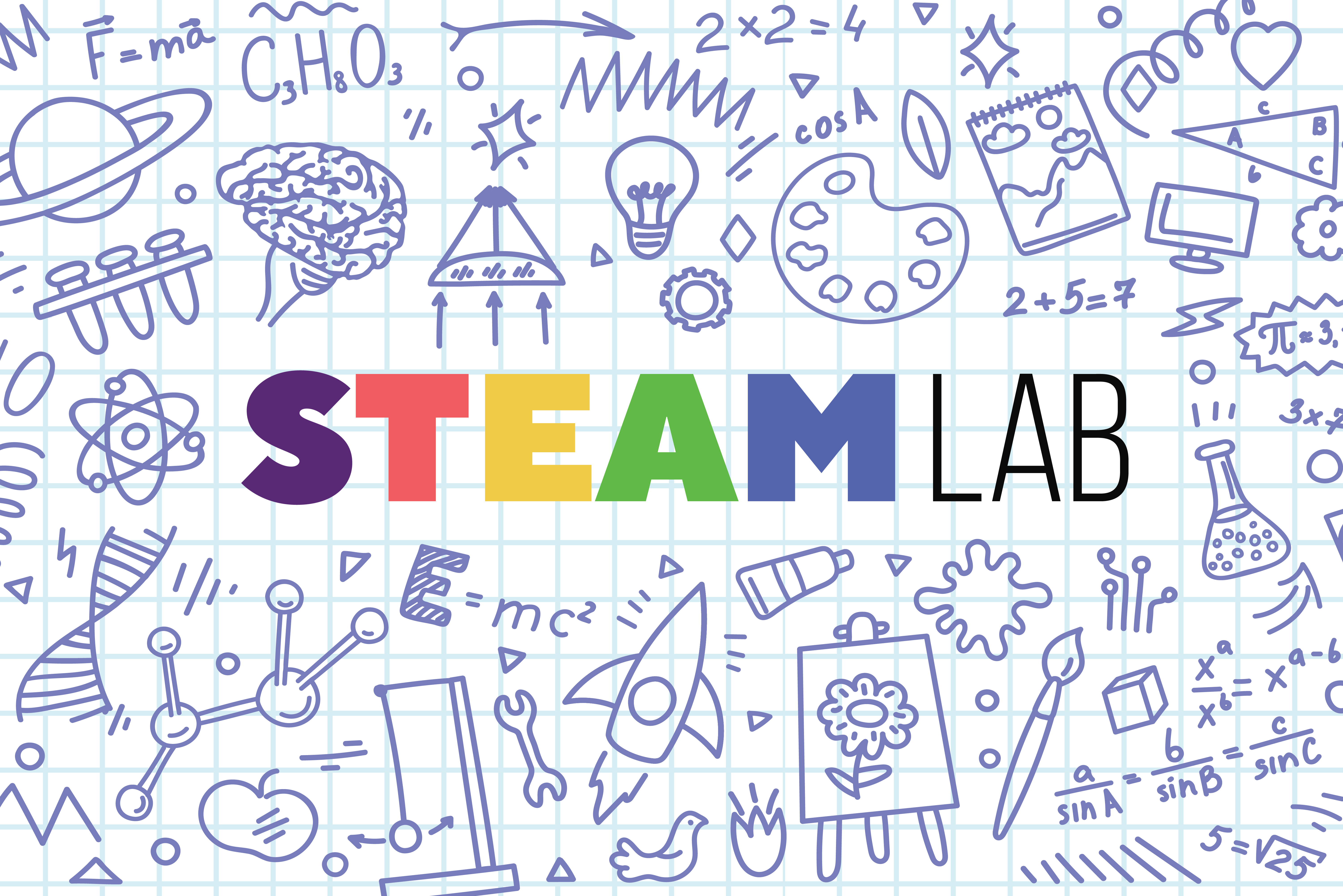 Header image with scientific graphics that look drawn on a graph paper background, and the words STEAM LAB