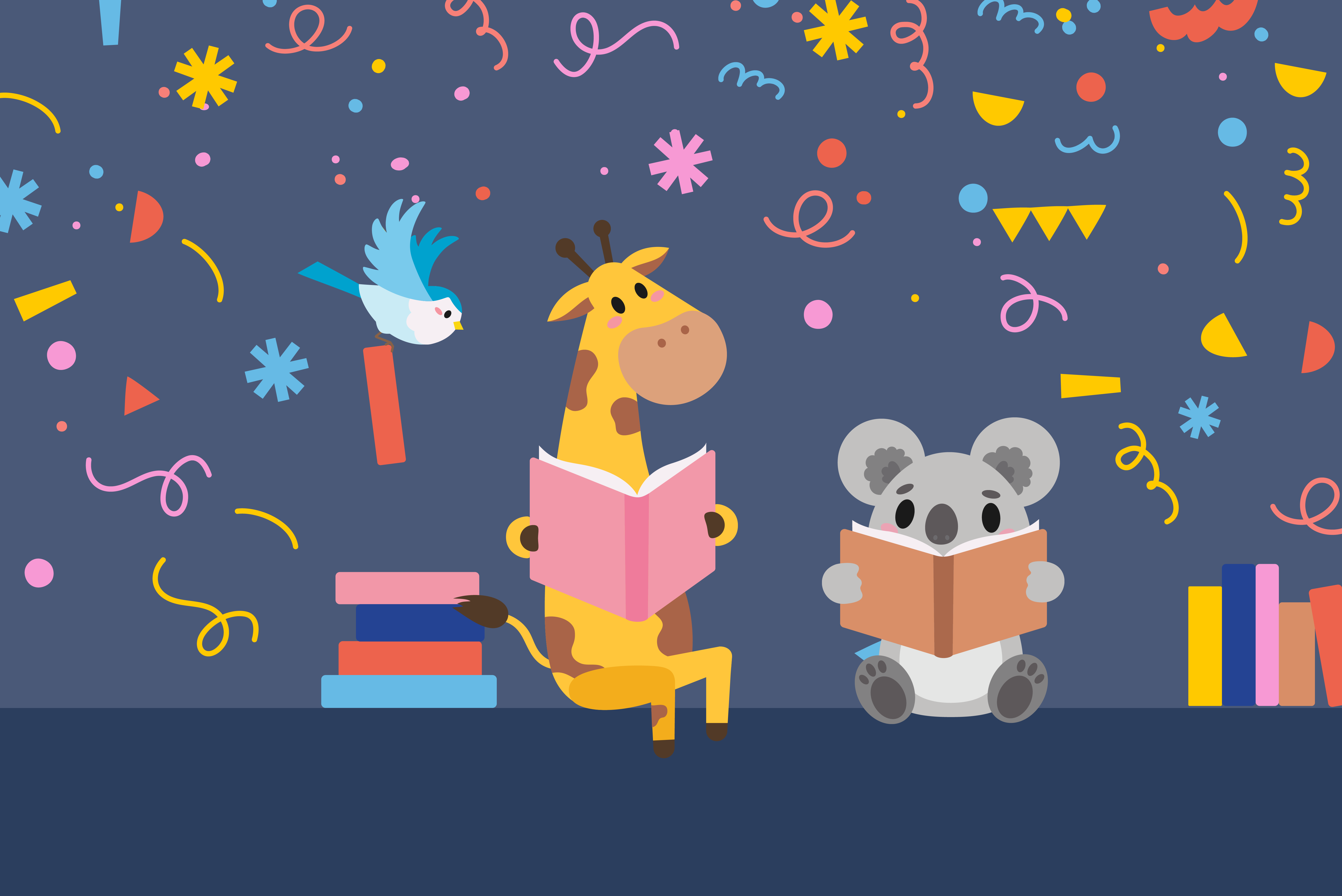 cartoon animals celebrating reading with confetti