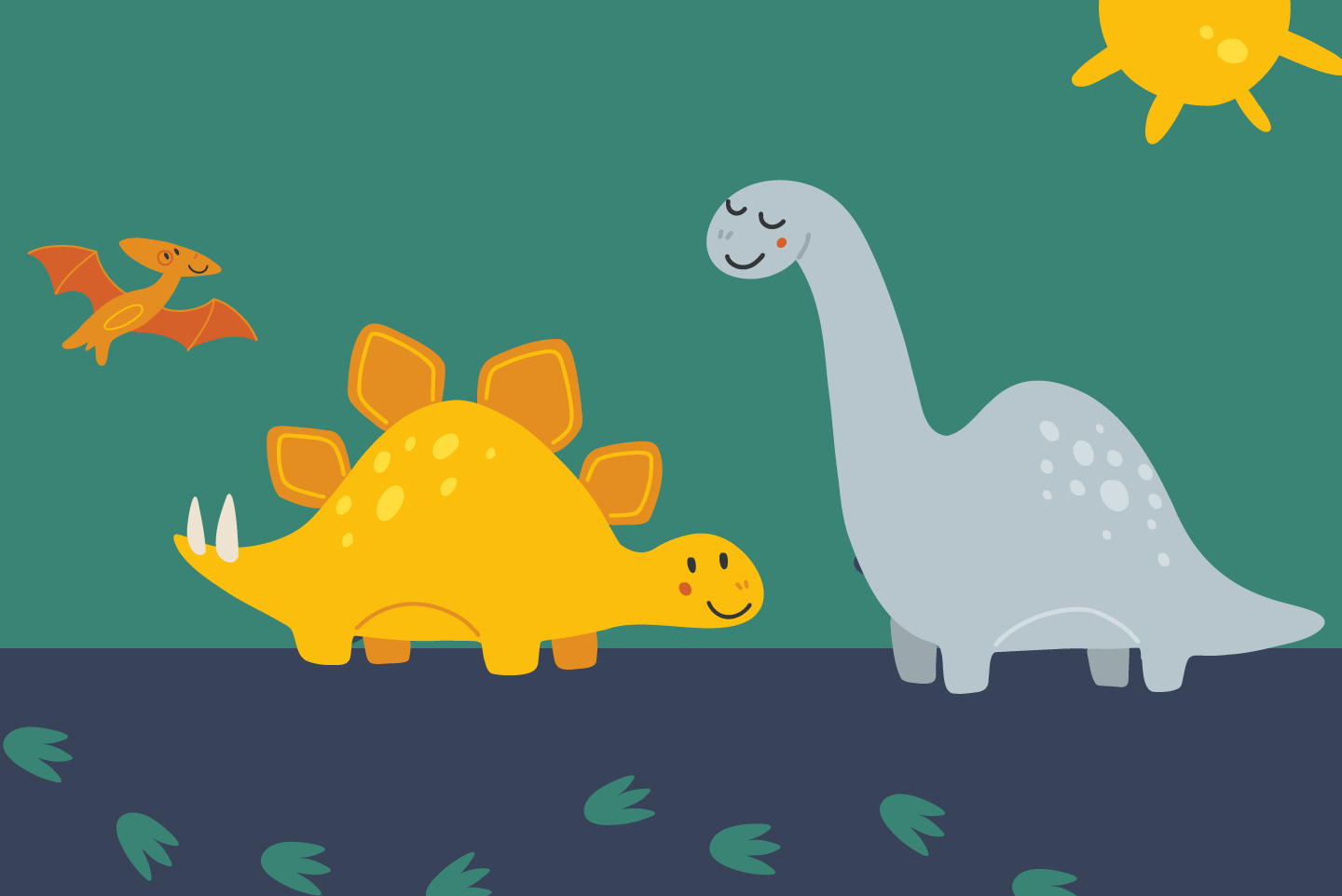 yellow and gray dinosaurs on a green background with a dark blue floor