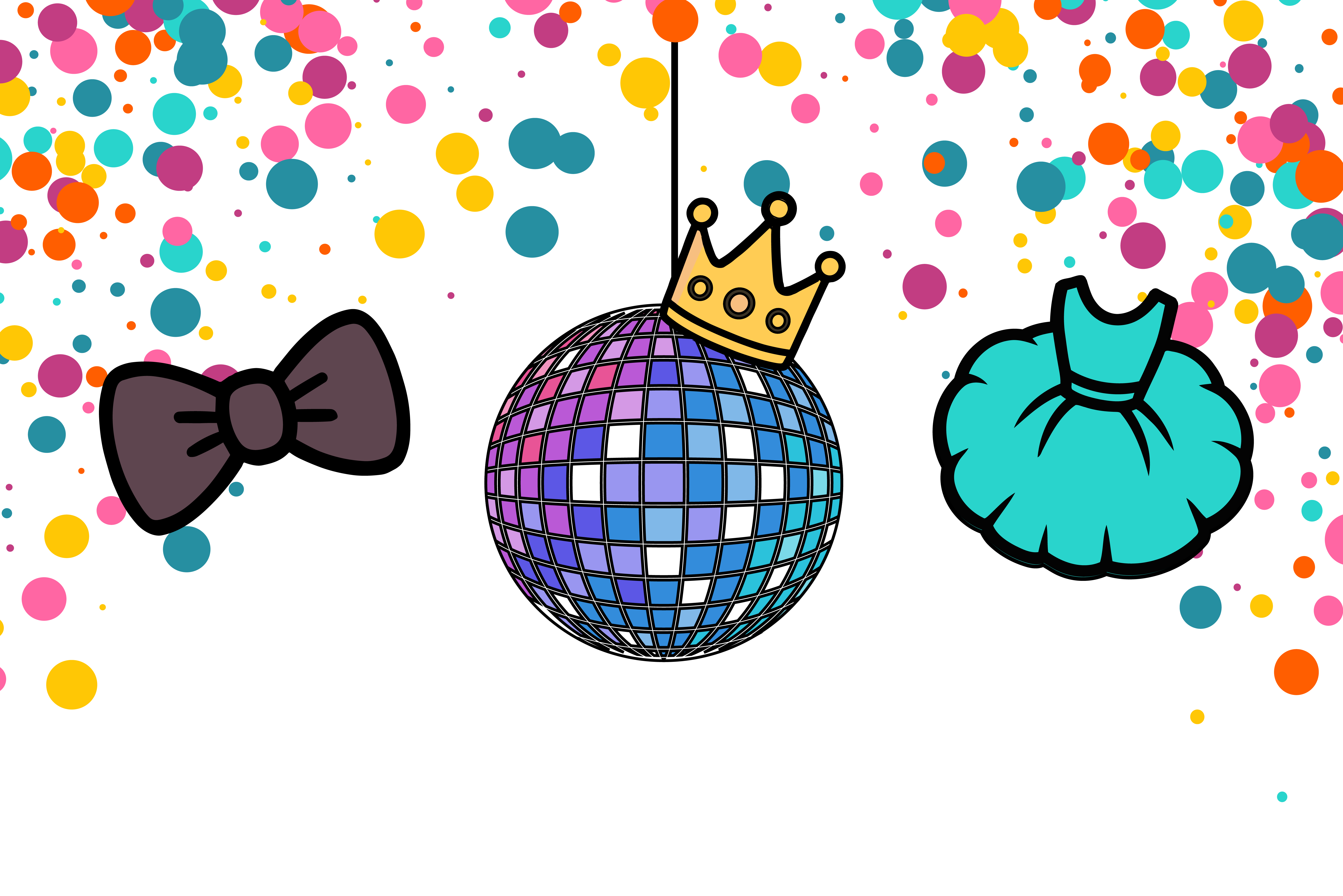 bow, disco ball, dress, confetti, prom