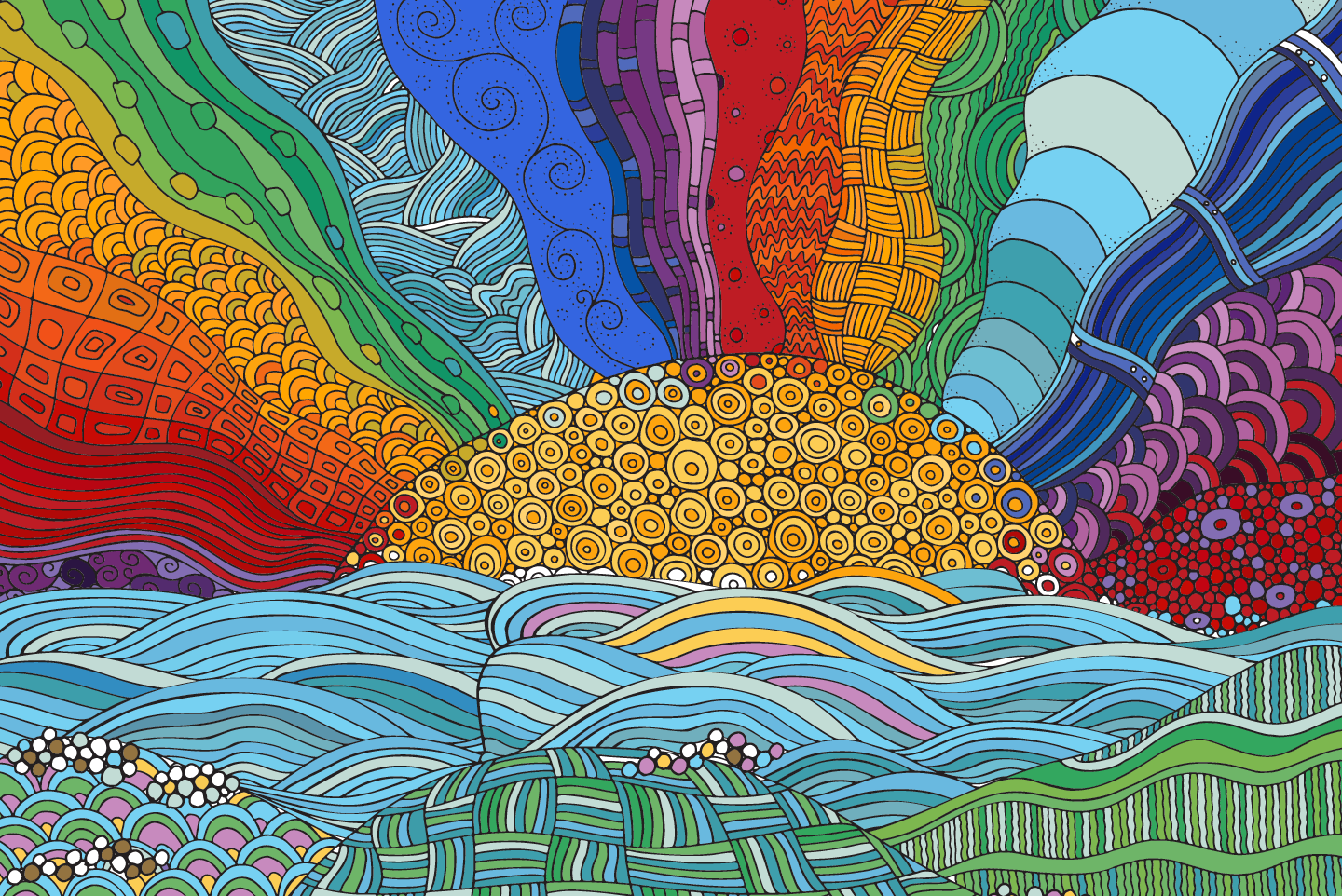 rainbow landscape in zentangle style