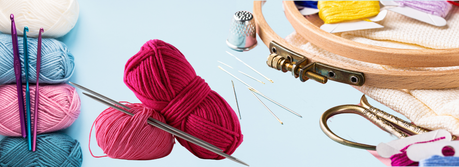 Picture of yarn, crochet hooks and embroidery hoop