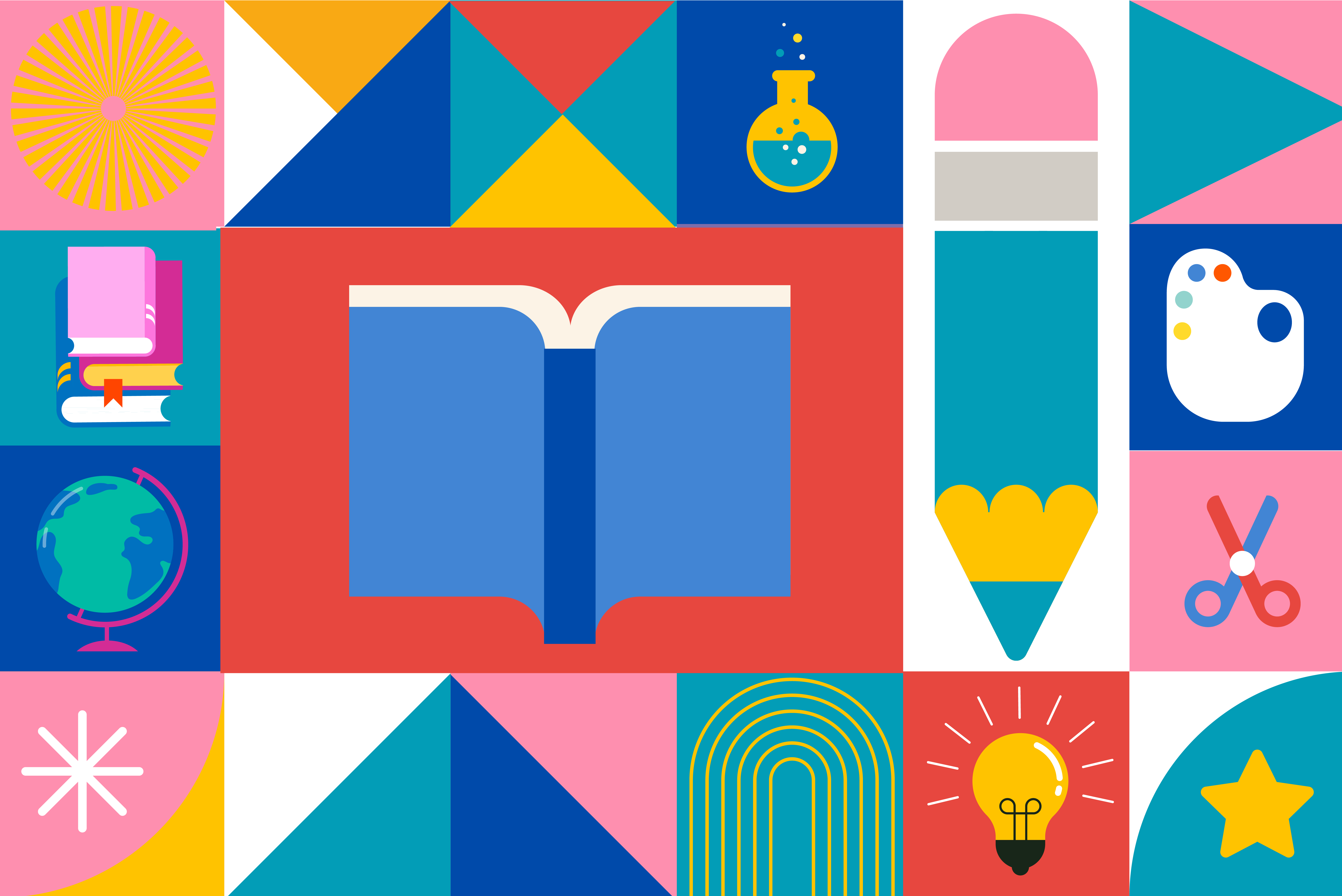 A tiled image of classroom items