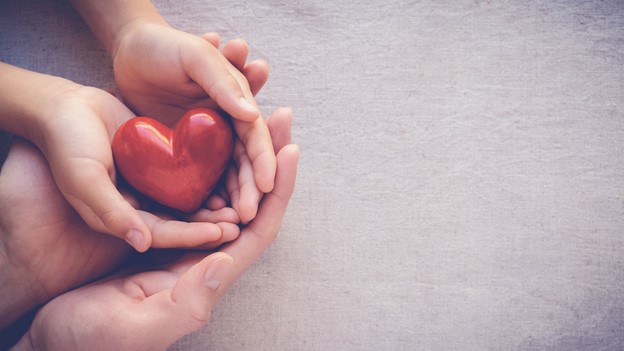 Two hands holding a red heart.
