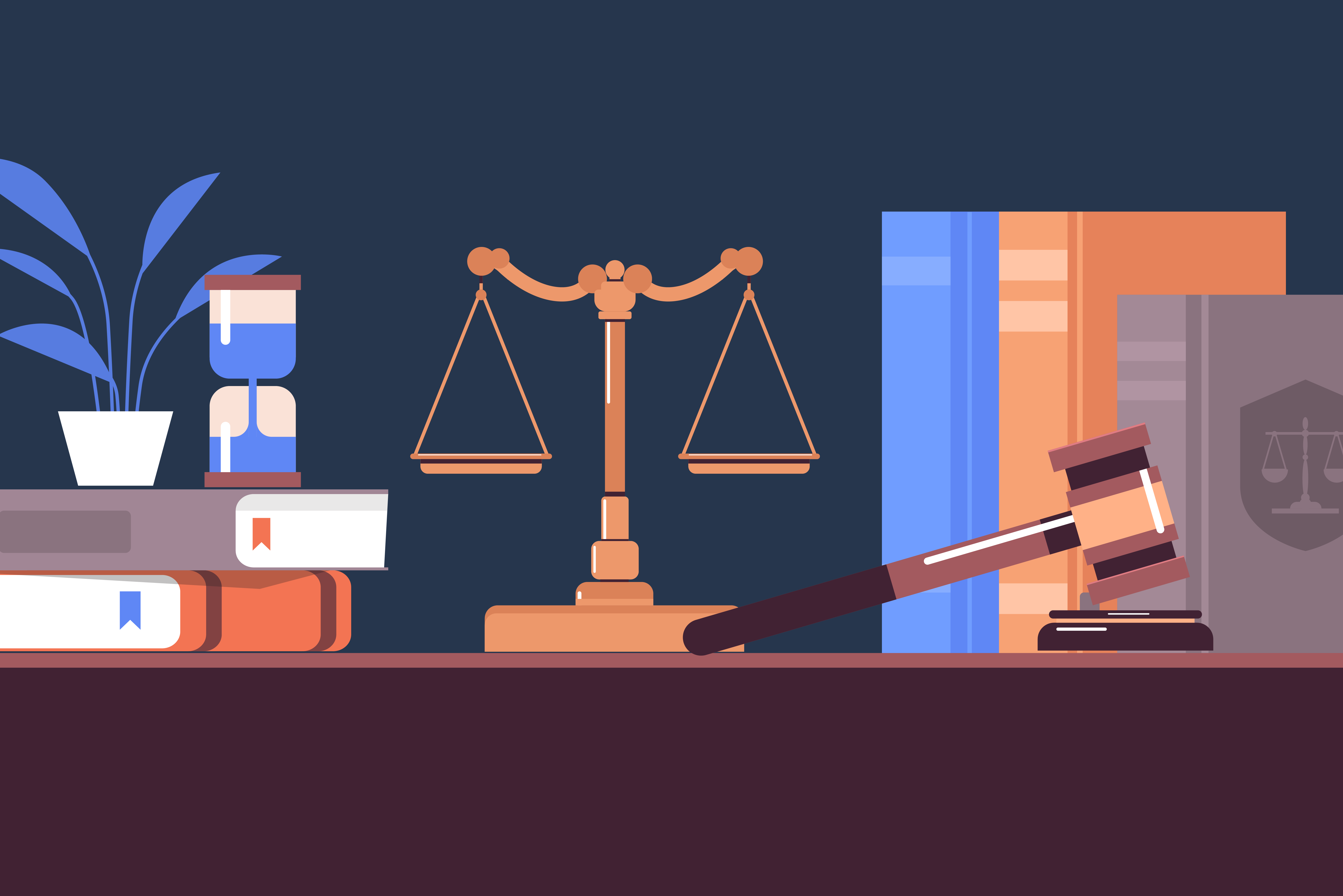 Scale, books, gavel, timer and plant on a desk