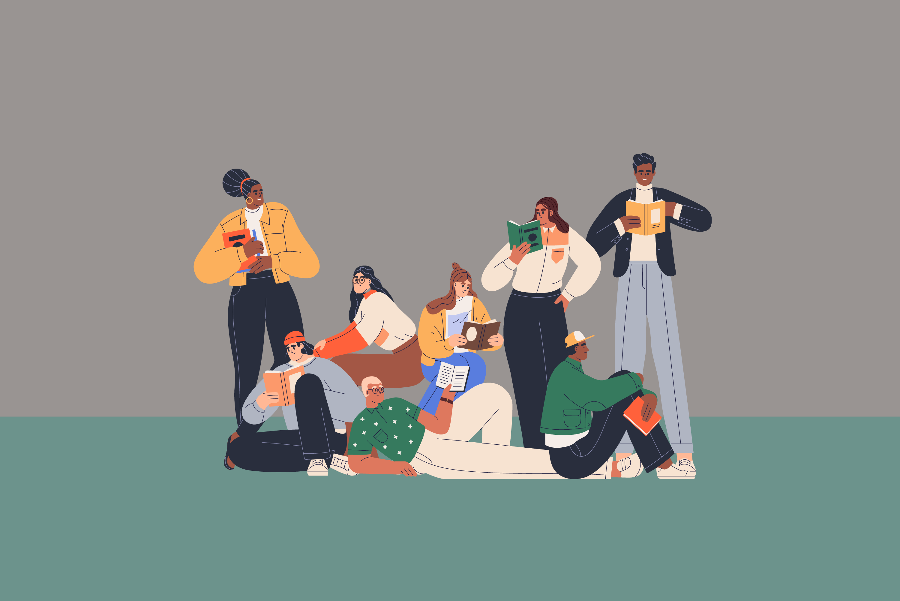 Graphic of people reading. 