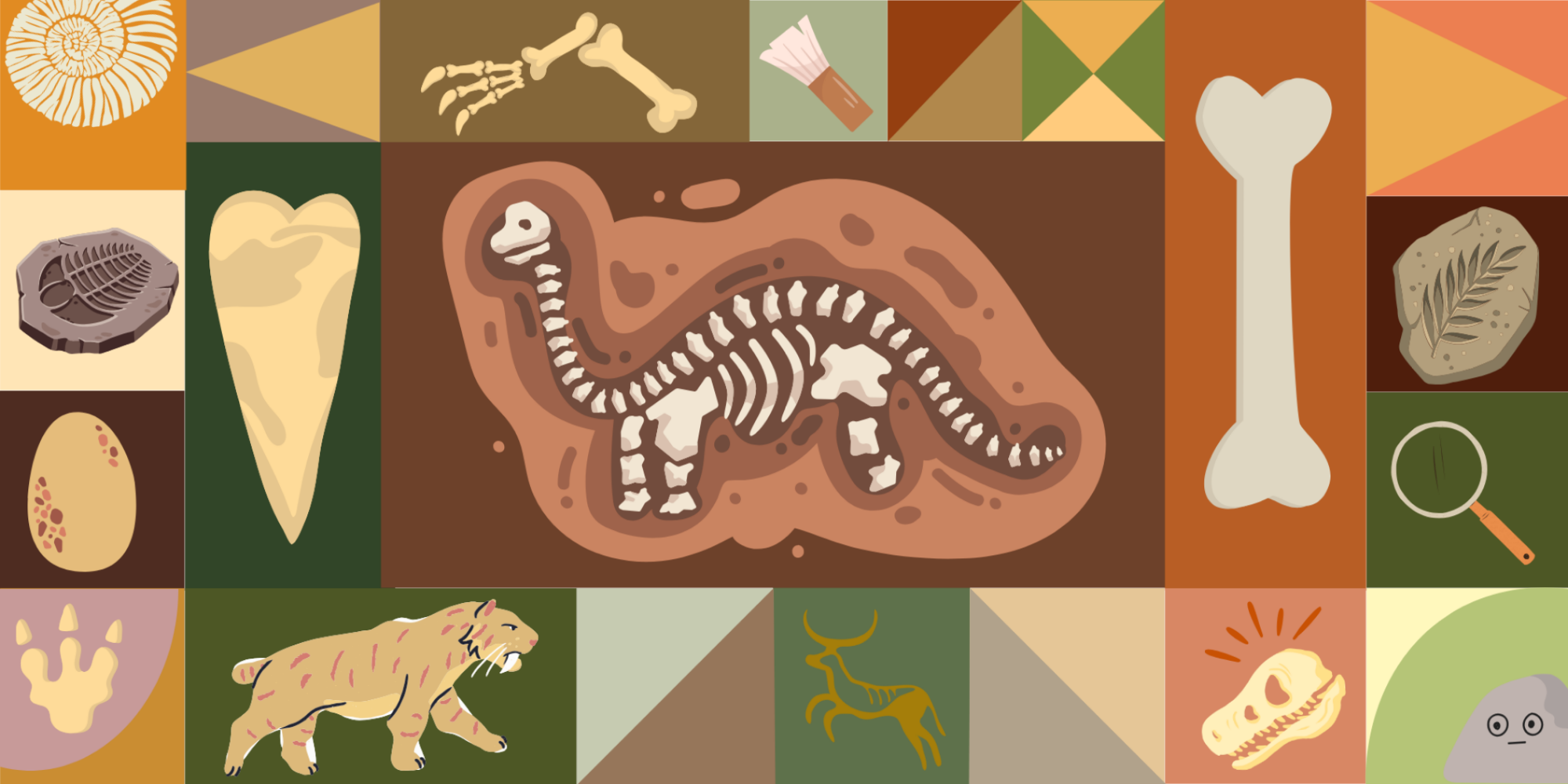 Different fossil icons in different colored green and brown squares with a large brontosaurus fossil in center.