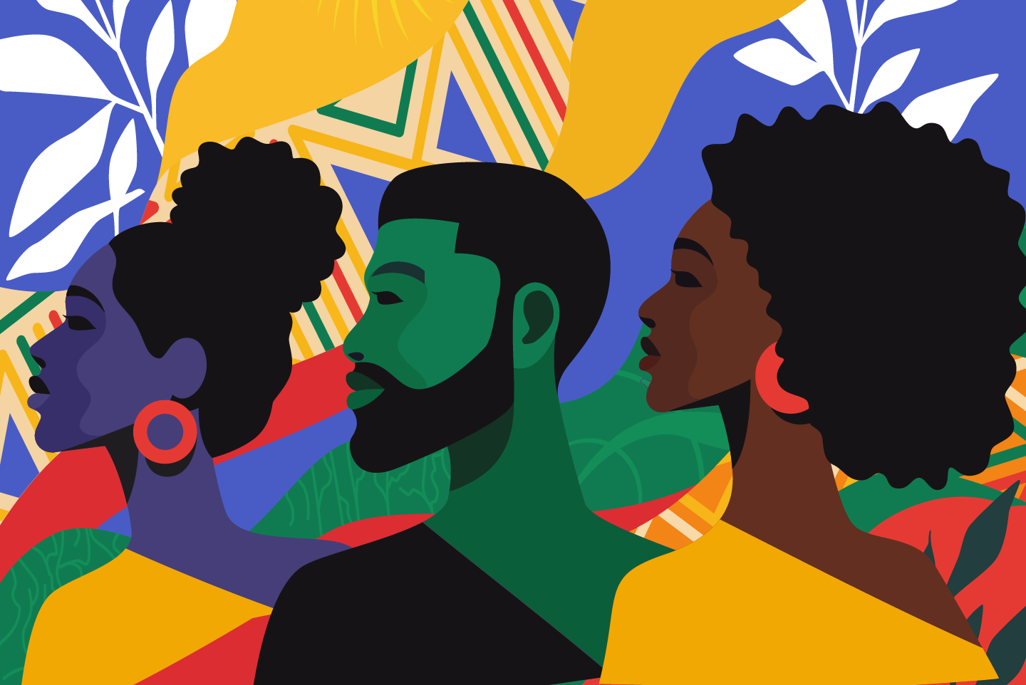 Three African American people staring left. Colorised with brown, green, purple, red.
