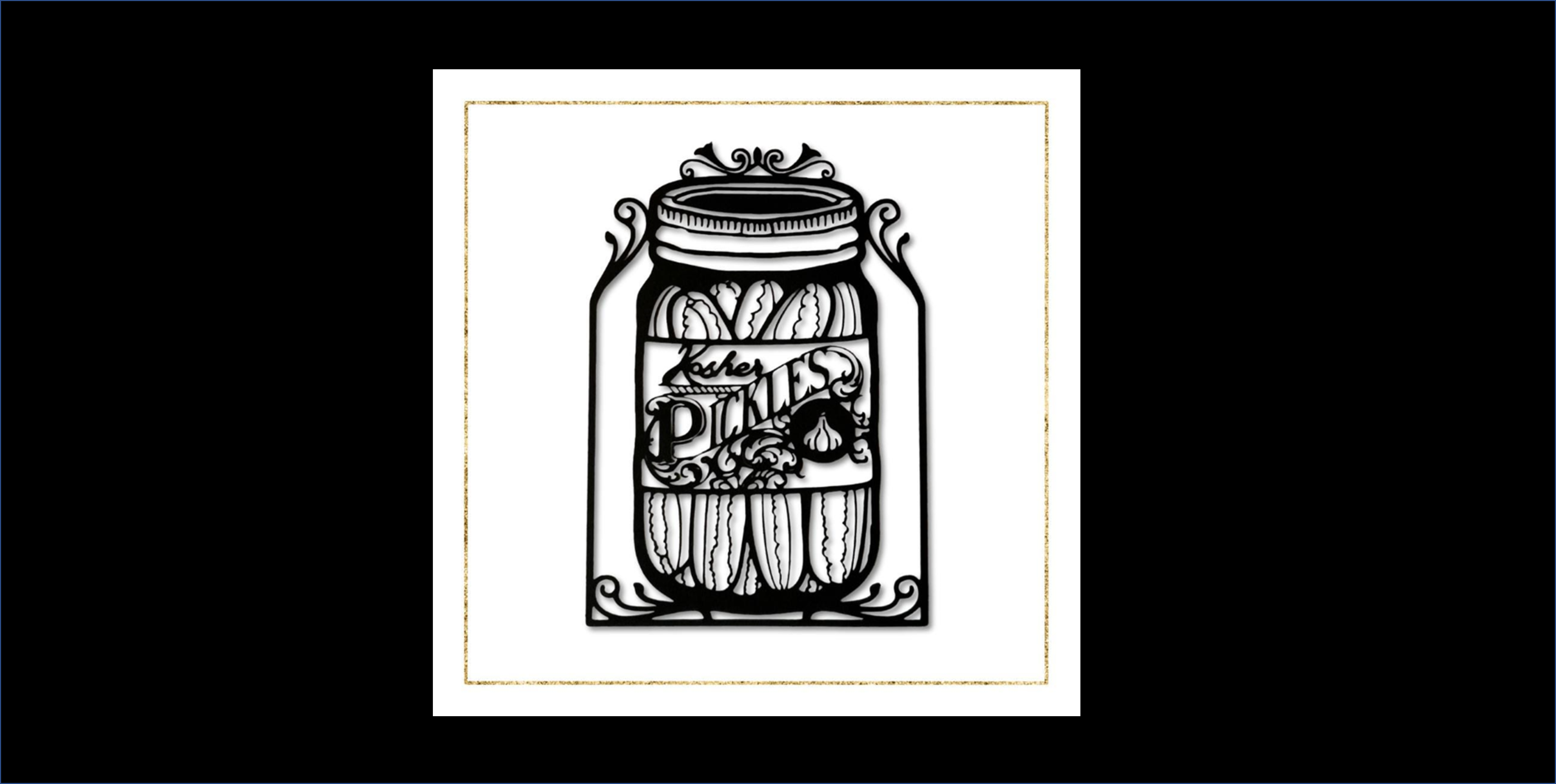 White background with a black linework image of a mason jar filled with pickles. Text reads: Kosher Pickles. 