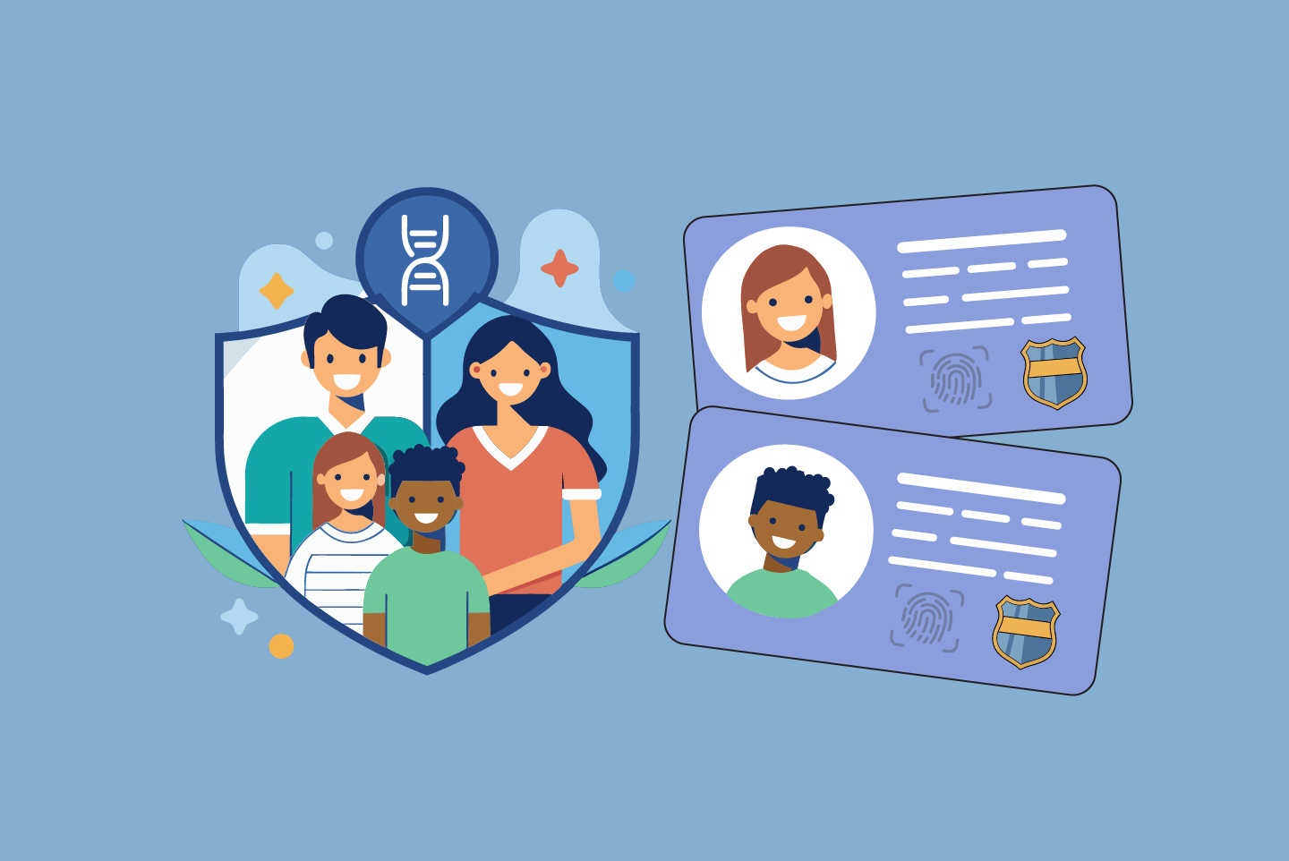a family grouped together on a blue background, two cartoon versions of ids are beside them