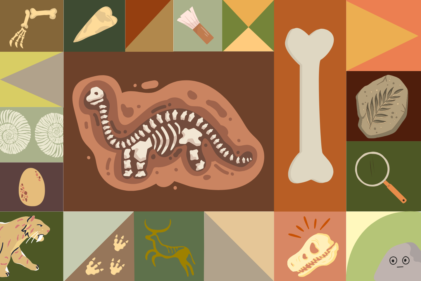 Green and brown shapes with various dinosaur items.