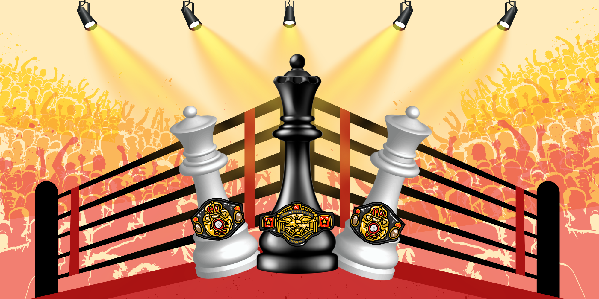 black queen and 2 white pawns wearing wrestling championship belts in a red and black wrestling ring under spotlights, yellow, orange, and red crowd behind on yellow background