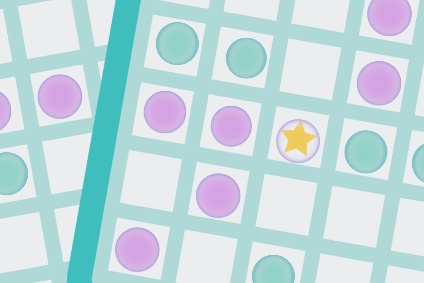 blue bingo board with purple and blue chips in a row, yellow star in center.