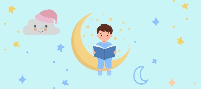 Cartoon of little boy reading on a crescent moon