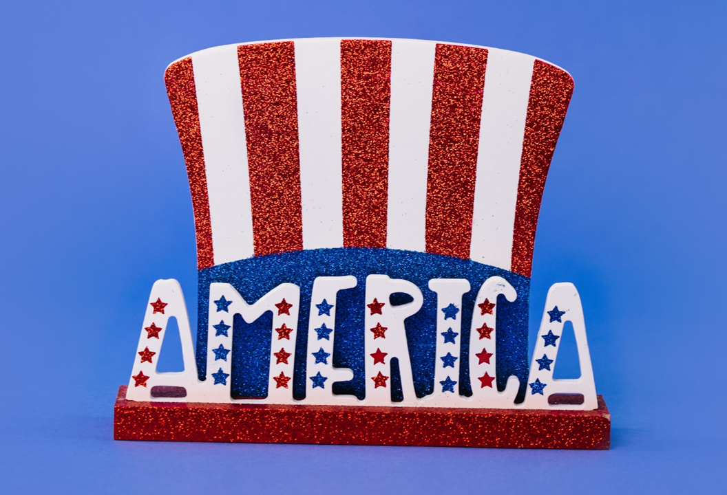 the word america on a red-white-blue top hat with blue background