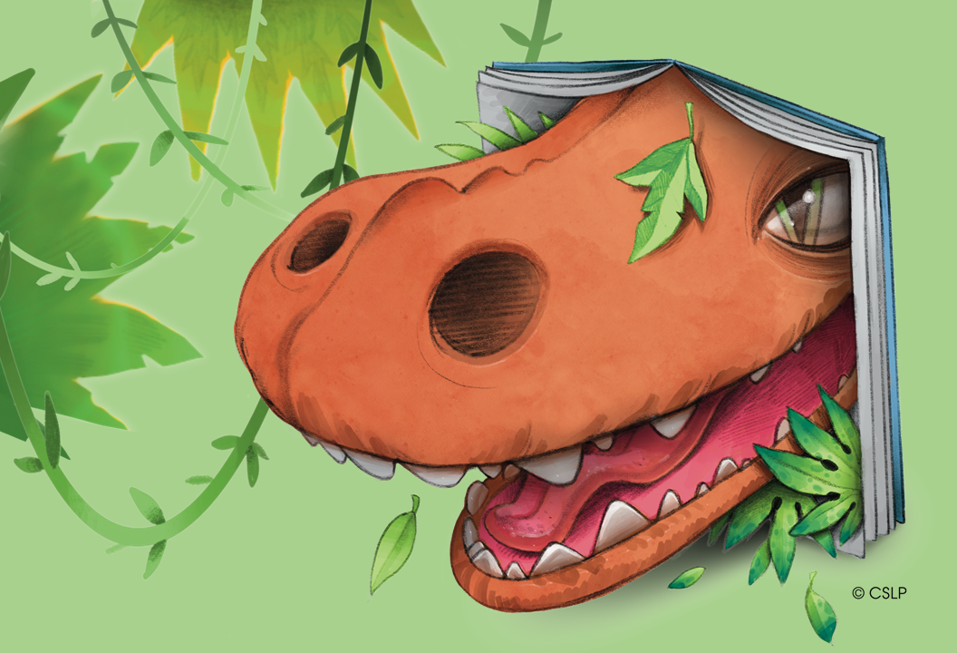 illustration of a dinosaur's head coming out of a book with leaves surrounding it
