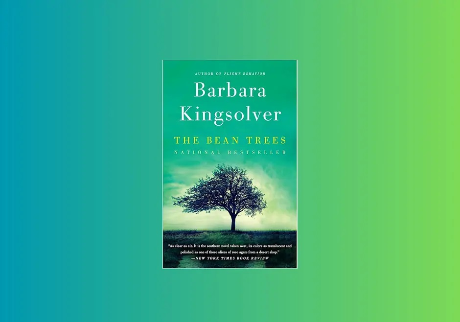 Image of the book cover of The Bean Trees, in front of a green background.