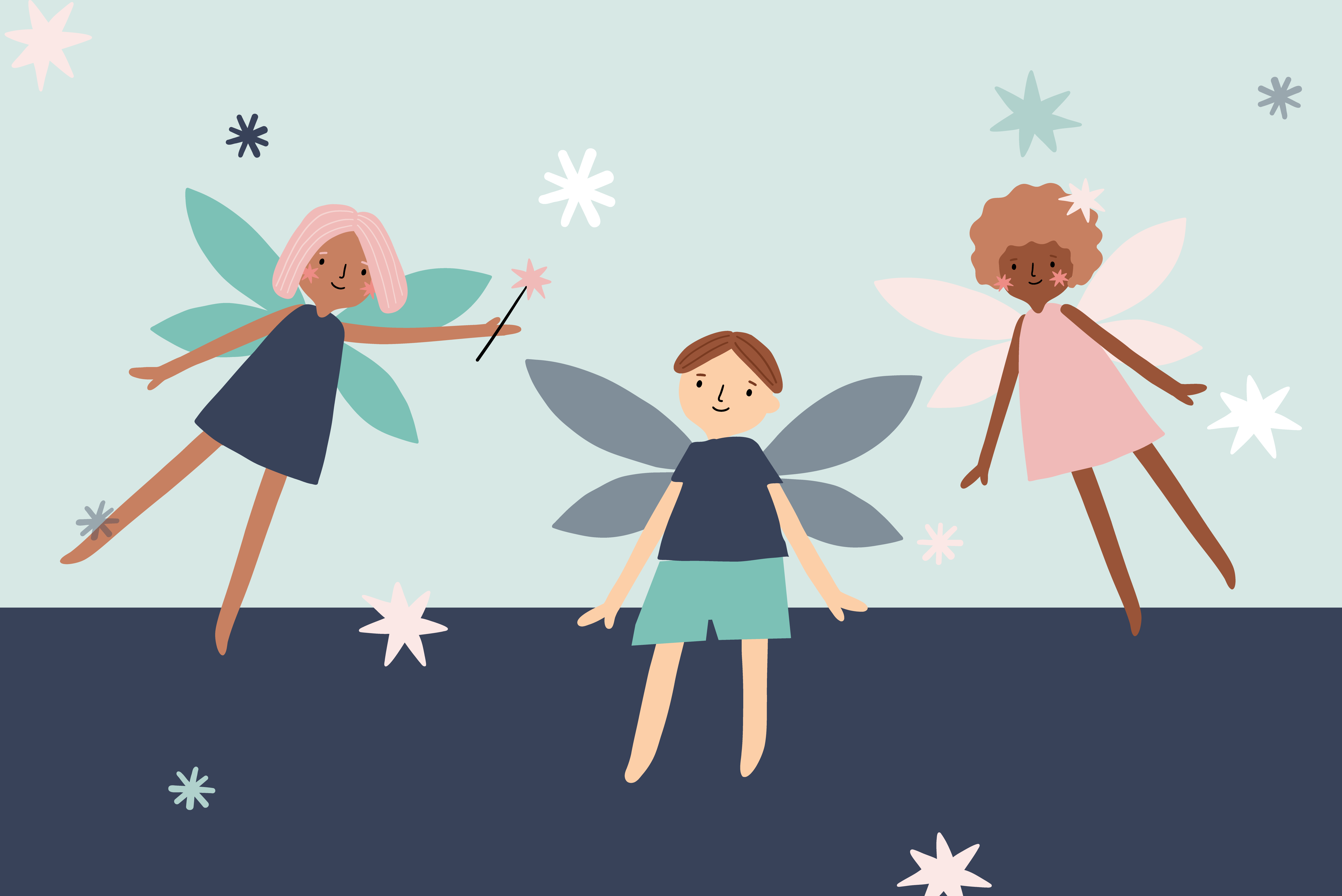 three cartoon fairies on a light blue background