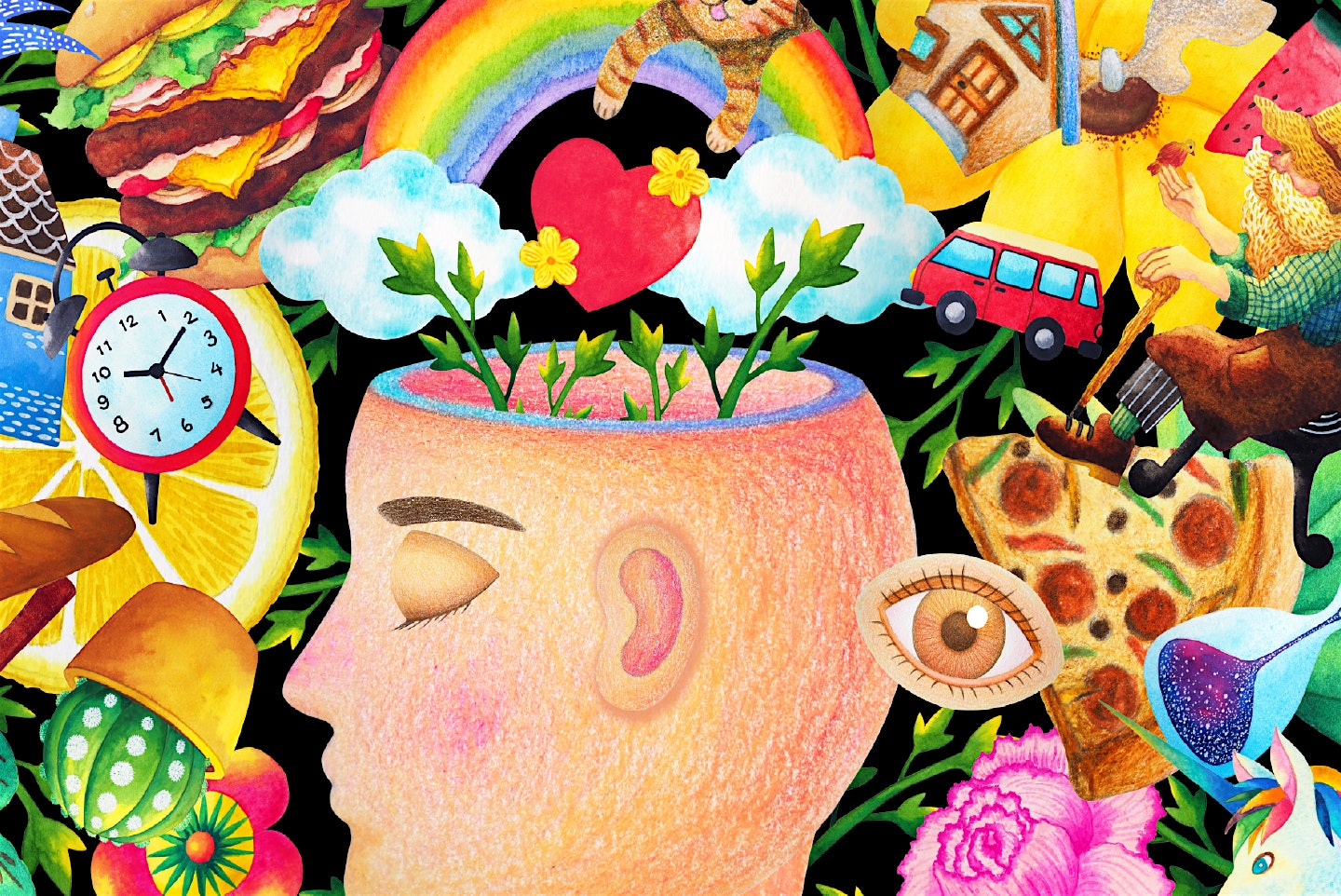 A collage of a person imagining various images