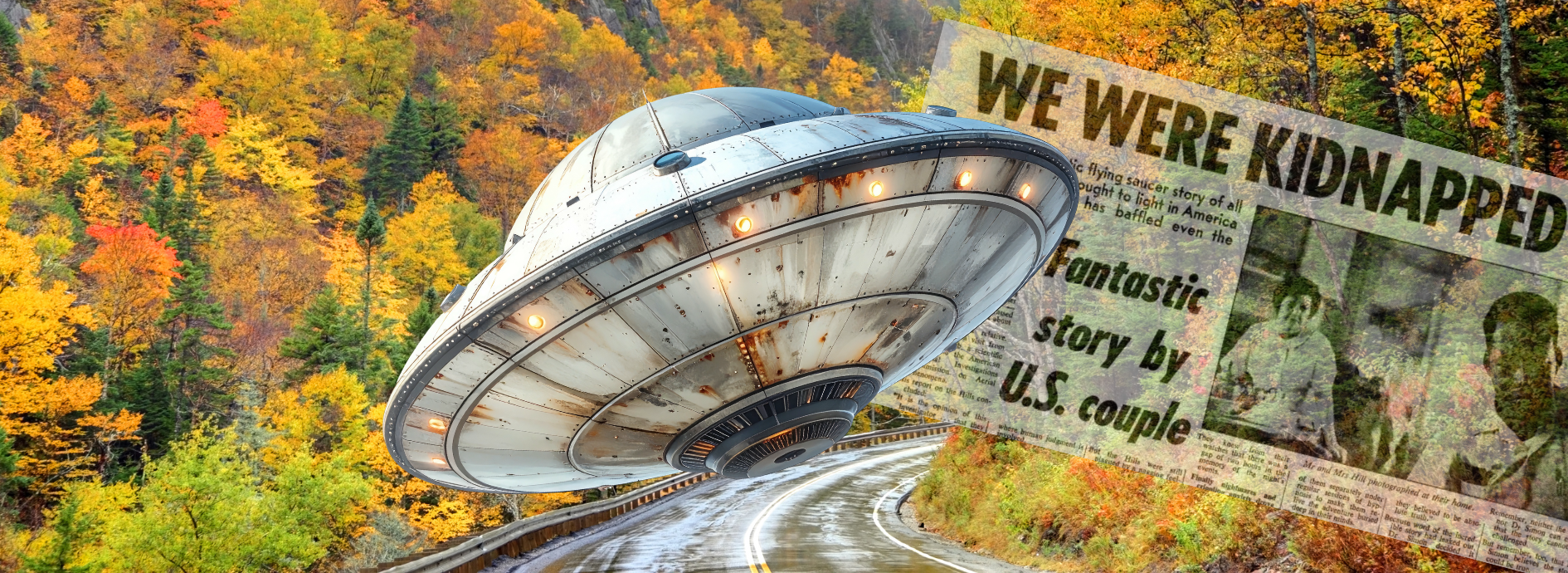 UFO on a mountain and fall trees background.