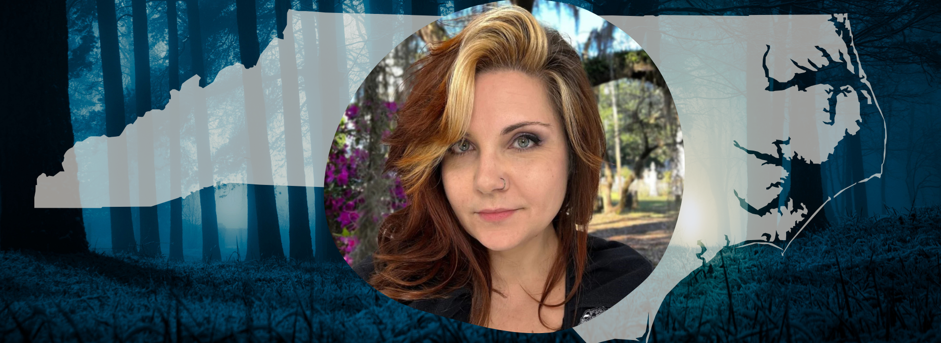 Liz Z Pardue on a background of a creepy forest.