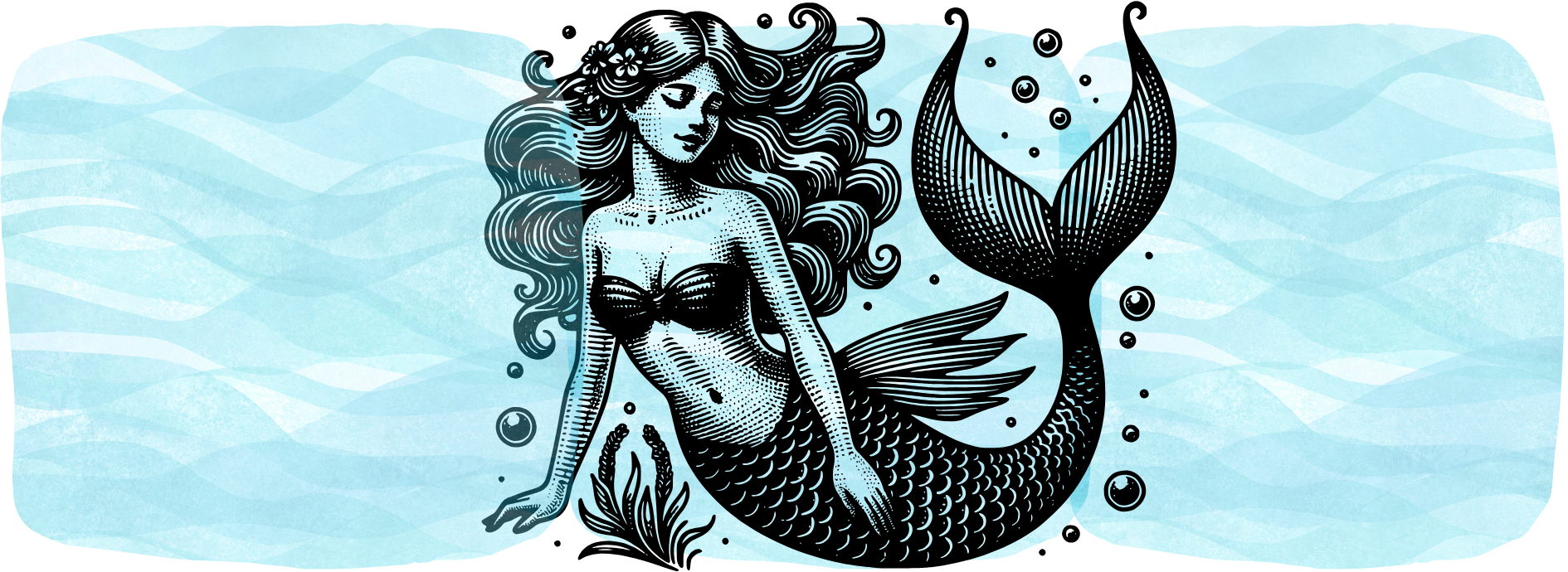 A drawing of a mermaid sits on a blue background. She is surrounded by bubbles, eyes closed. 