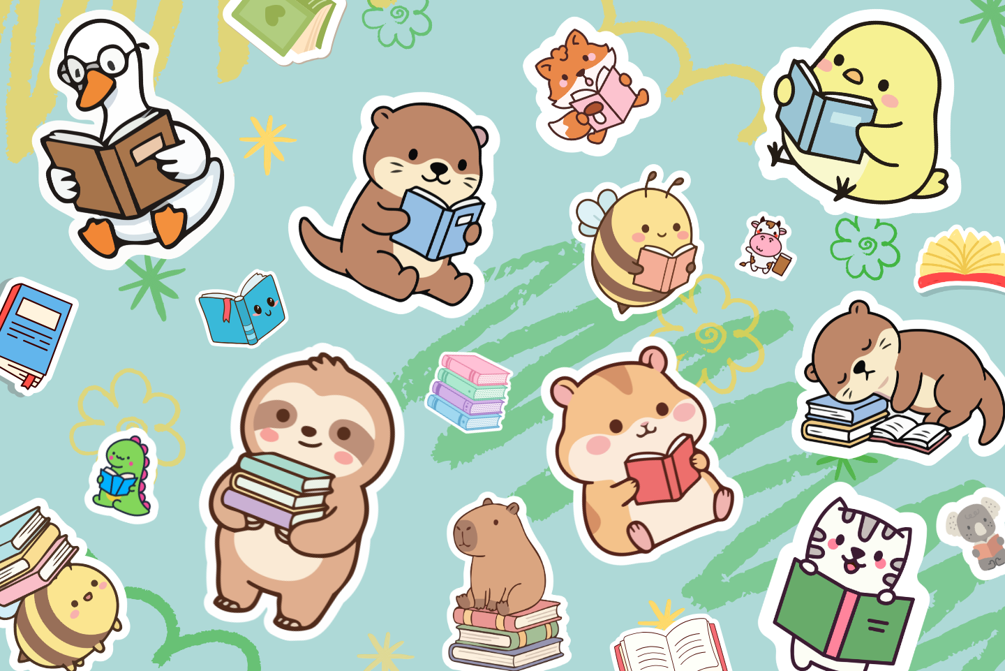 blue background with green and yellow doodles, variety of animal stickers reading books