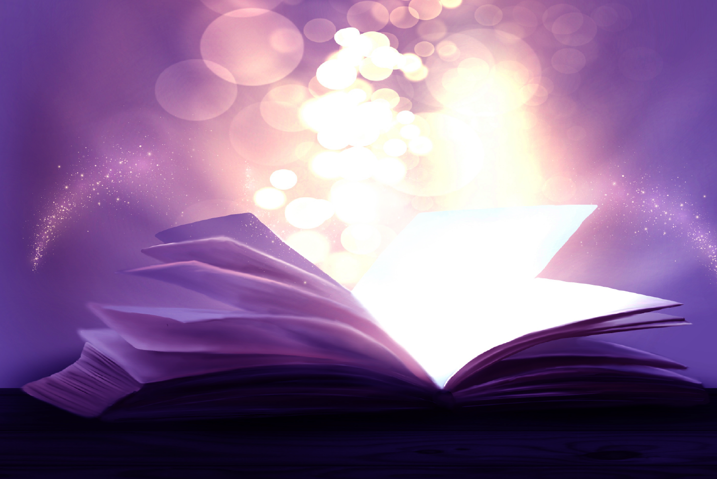 Purple toned photo of an open book on a dark background with sparkles emerging from the book pages.