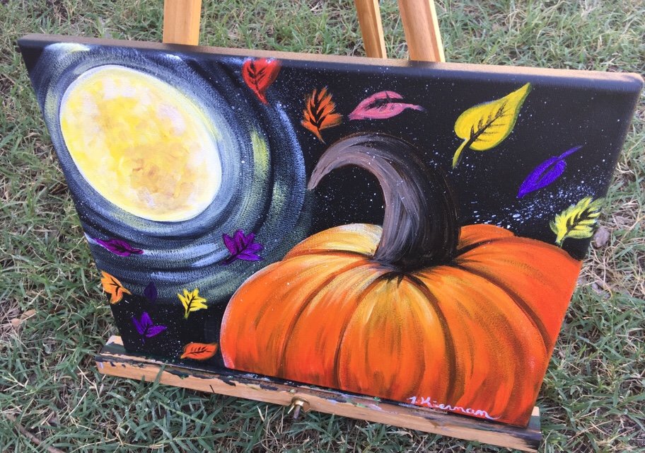 Fall painting of pumpkin and moon